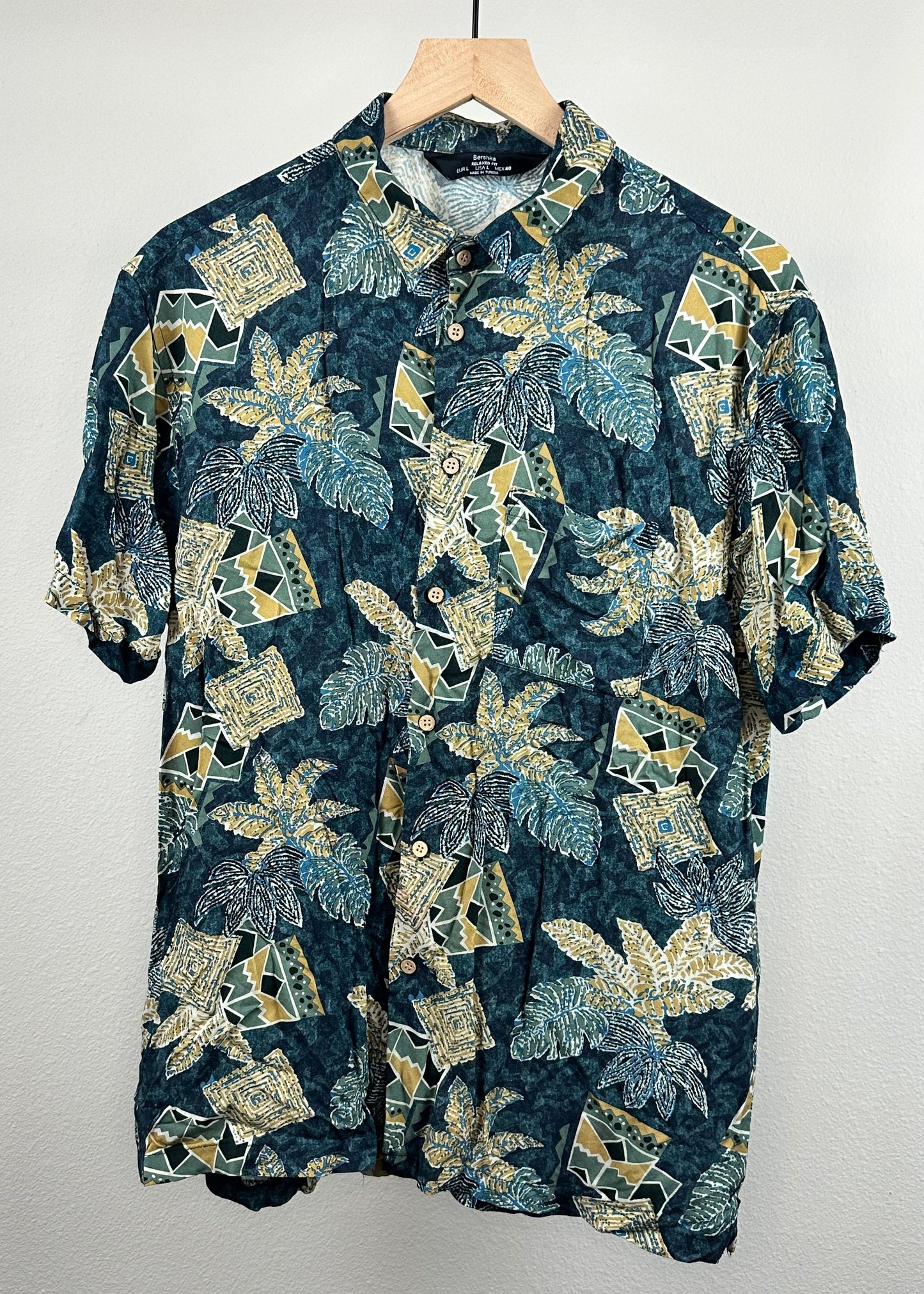 Mens Green and Blue Floral Button Up By Bershka