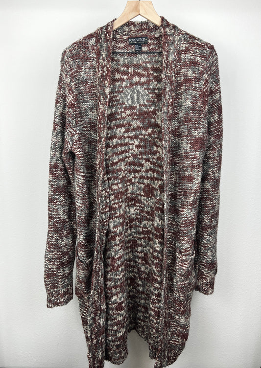 Burgundy and Grey Long Cardigan w/Pockets By Forever 21