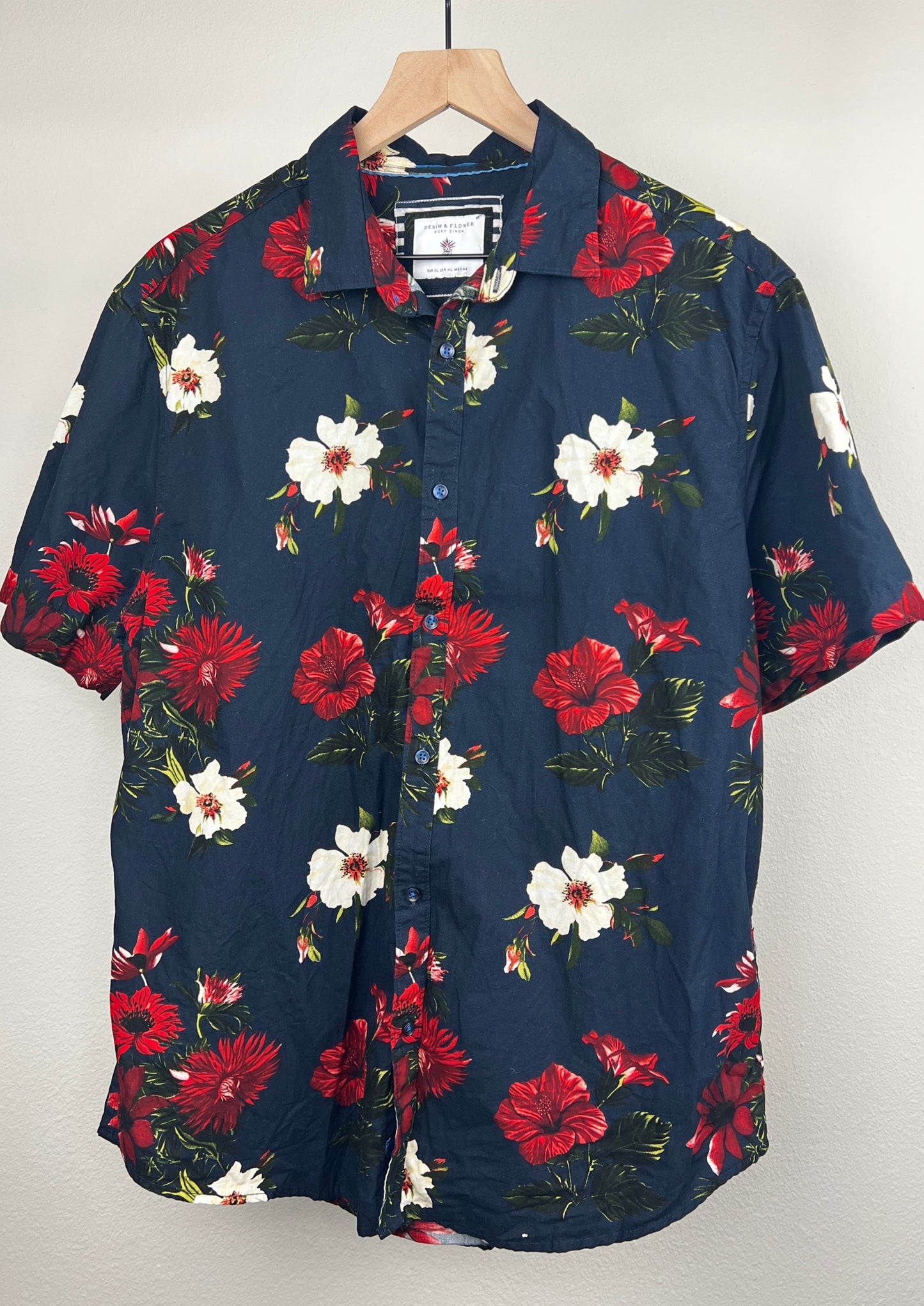 Blue and Red Flower Button Up By Denim & Flower