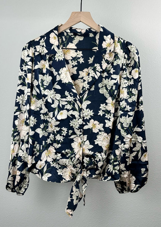 Navy Floral Tie Up Blouse By Eclair